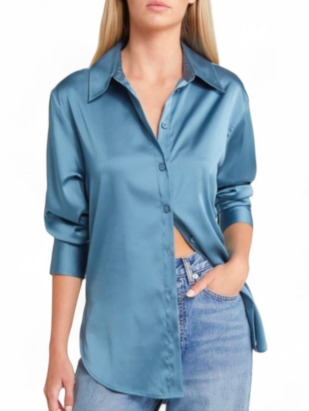 OPEN EDIT Satin Button Down Blouse - Large